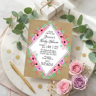 Invitation Baby shower rustique Kraft & Watercolor Flowers