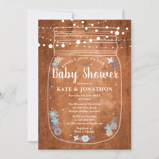 Invitation Baby shower Rustique Mason Jar Lumières (Devant)