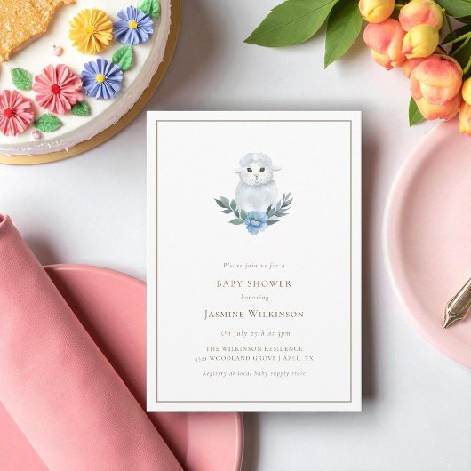 Invitation baby shower rustique minima aquarelle agneau bébé