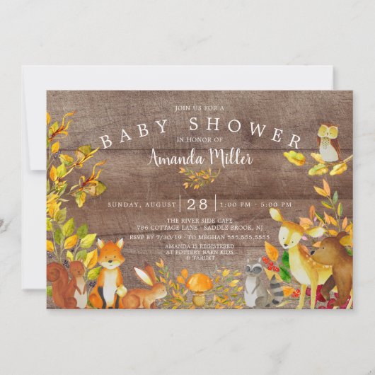 Invitation Baby shower rustique Neutre Forêt Boisé Animaux (Devant)