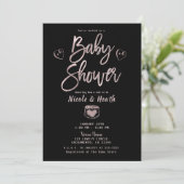 Invitation Baby Shower Rustique Noir Blanc Rayures Rose Gold (Debout devant)