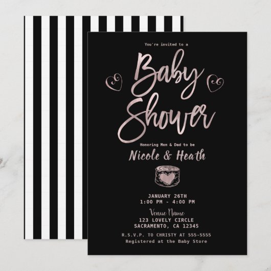 Invitation Baby Shower Rustique Noir Blanc Rayures Rose Gold (Devant / Derrière)