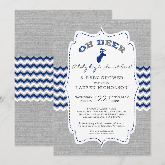 Invitation Baby shower rustique OH DEER Buck, gris marine (Devant / Derrière)
