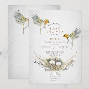 Invitation Baby shower Rustique Oiseaux et Nest Watercolor Tw