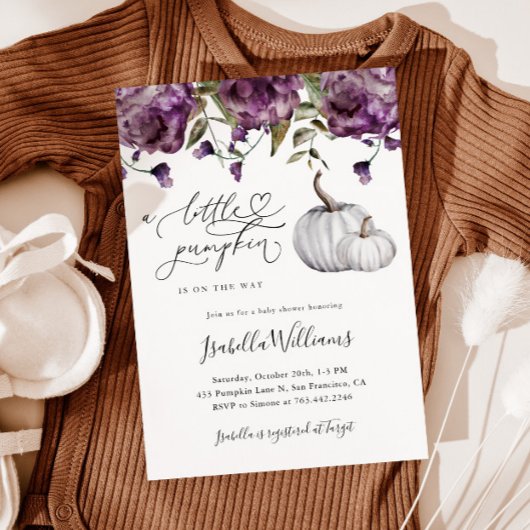 Invitation Baby shower rustique pourpre petit Citrouille