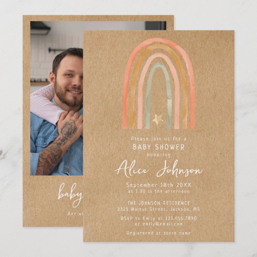 Invitation Baby shower Rustique Rainbow Et Star Photo Boho (Devant / Derrière)