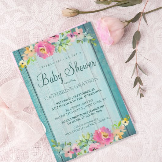 Invitation Baby shower Rustique rose Floral Bleu