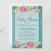 Invitation Baby shower Rustique rose Floral Bleu (Devant)