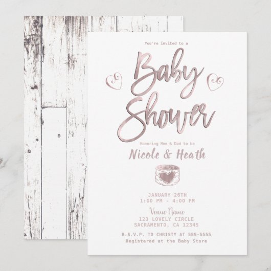 Invitation Baby Shower Rustique Rose Gold et Blanc Rose Clair (Devant / Derrière)