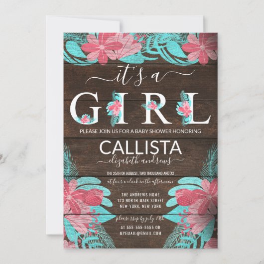 Invitation Baby shower Rustique rose Turquoise Floral Bois Gi (Devant)