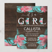 Invitation Baby shower Rustique rose Turquoise Floral Bois Gi (Devant / Derrière)