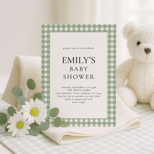 Invitation Baby shower rustique Sage Green En vichy