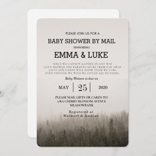 Invitation Baby shower rustique Simple Forest Misty Landscape (Devant / Derrière)