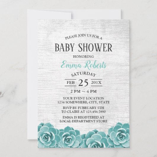 Invitation Baby shower Rustique Succulent Floral Grange Bois (Devant)