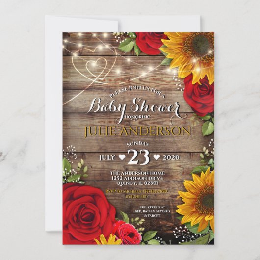 Invitation Baby shower rustique tournesol et Rose (Devant)