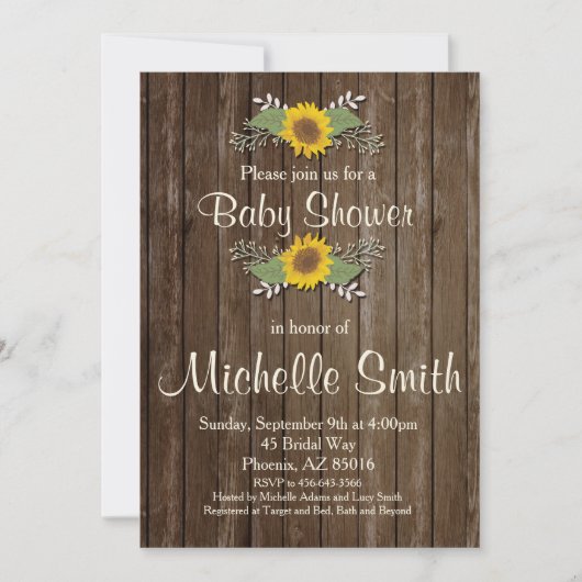 Invitation Baby shower rustique, Tournesol, Floral (Devant)