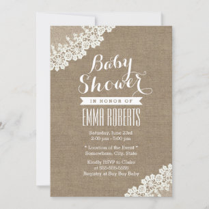 Invitation Baby shower rustique Vintage Lace Blanche Burlap