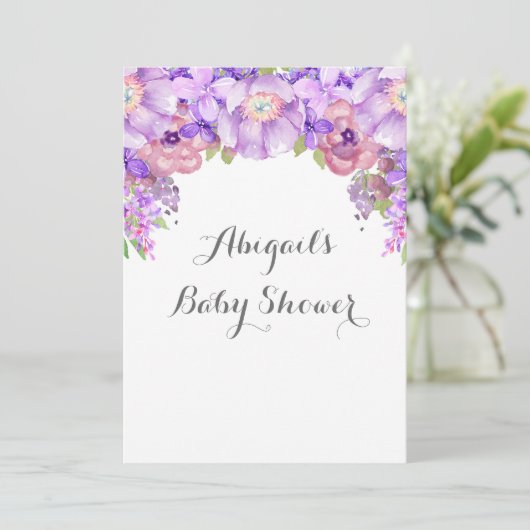 Invitation Baby shower Rustique violet d'aquarelle (Debout devant)