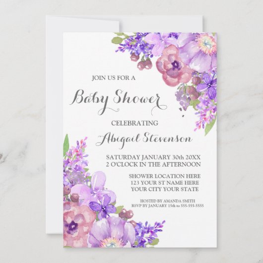 Invitation Baby shower Rustique violet d'aquarelle (Dos)