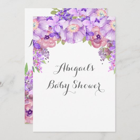 Invitation Baby shower Rustique violet d'aquarelle (Devant / Derrière)