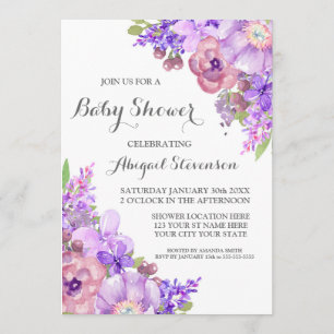 Invitation Baby shower Rustique violet d'aquarelle