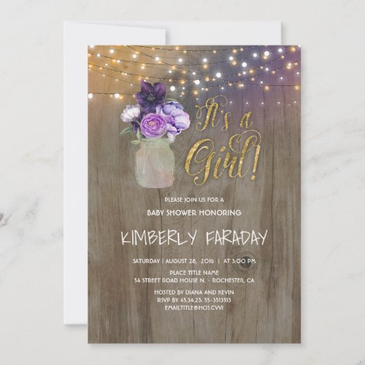 Invitation Baby shower rustique violet Floral Mason Jar (Devant)