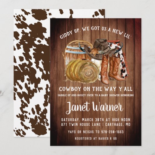 Invitation Baby shower Rustique Western Rodeo Cowb (Devant / Derrière)