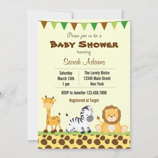 Invitation Baby shower Safari animal de la jungle (Devant)