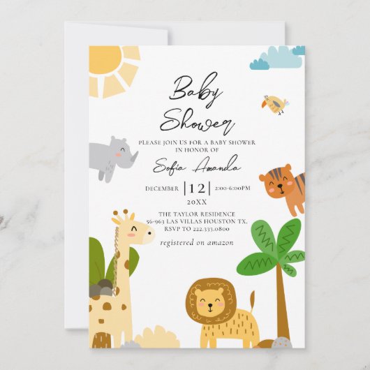 Invitation Baby shower Safari animal mignon (Devant)