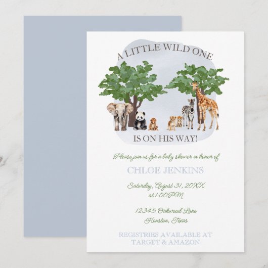 Invitation Baby shower Safari animal sauvage (Devant / Derrière)
