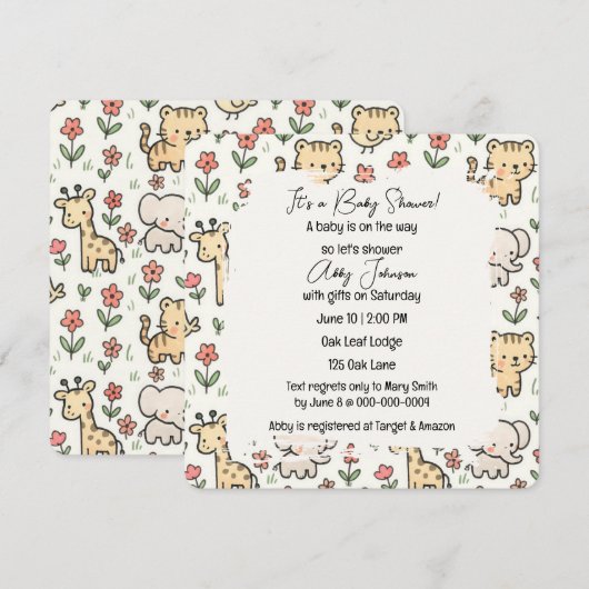 Invitation Baby shower Safari Animaux À Fleurs (Devant / Derrière)