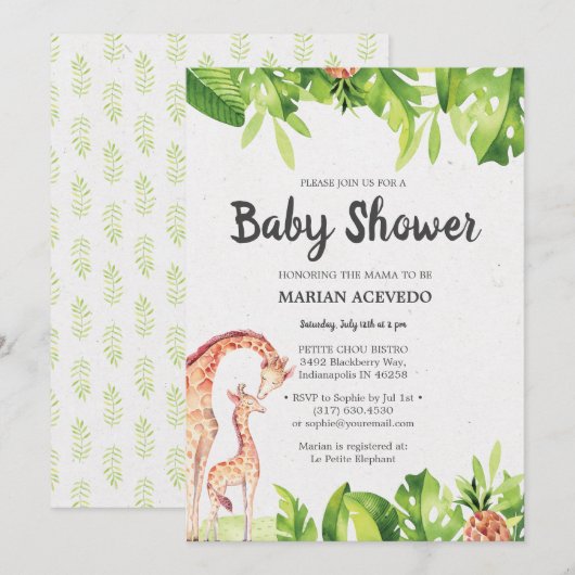 Invitation Baby shower Safari Aquarelle Tropical (Devant / Derrière)