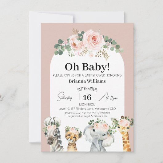 Invitation Baby shower Safari Arch Floral Rose (Devant)