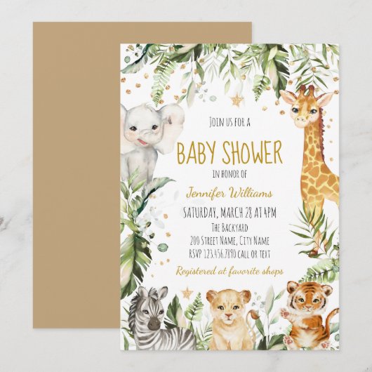Invitation Baby shower Safari Baby Animals (Devant / Derrière)
