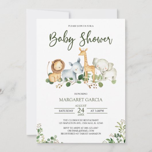 Invitation Baby shower Safari de la Jungle de Verdure (Devant)