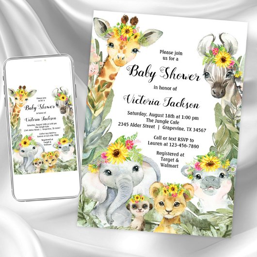 Invitation Baby shower Safari de tournesol fille
