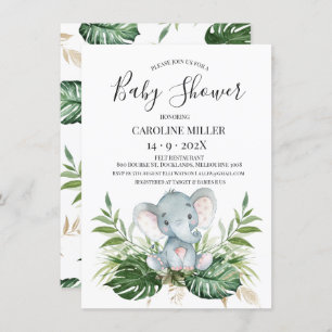 Invitation Baby shower Safari Elephant Gold Green Foliing