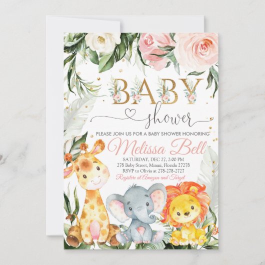 Invitation Baby shower Safari Fille Rose Young Wil (Devant)