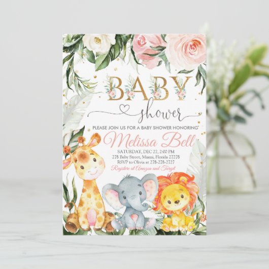 Invitation Baby shower Safari Fille Rose Young Wil (Debout devant)