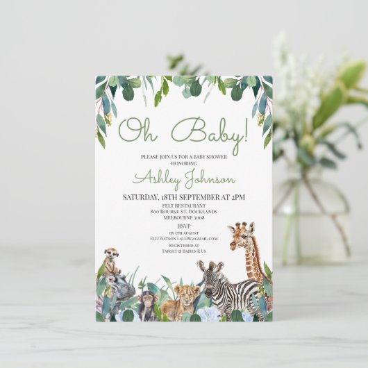 Invitation Baby shower Safari Floral Bleu (Debout devant)