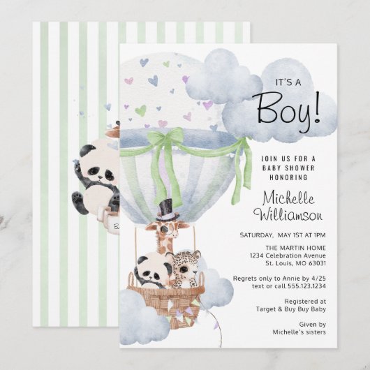 Invitation Baby shower Safari Hot Air Balloon (Devant / Derrière)