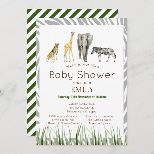 Invitation Baby shower Safari, invitation d'annive (Devant / Derrière)