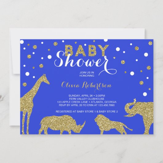 Invitation Baby shower Safari Invitation, Faux Gold, Bleu (Devant)