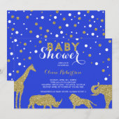 Invitation Baby shower Safari Invitation, Faux Gold, Bleu (Devant / Derrière)
