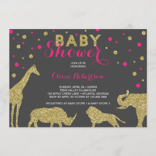 Invitation Baby shower Safari Invitation, Faux Gold, Pink