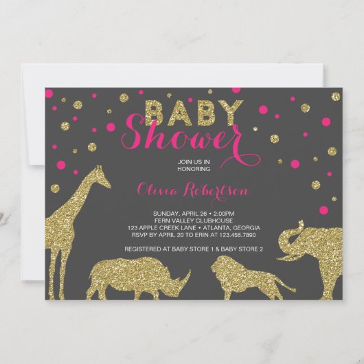 Invitation Baby shower Safari Invitation, Faux Gold, Rose (Devant)