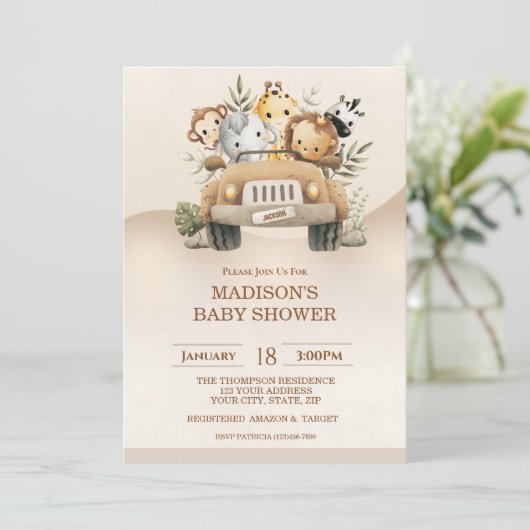 Invitation Baby shower Safari Jungle Animaux (Debout devant)