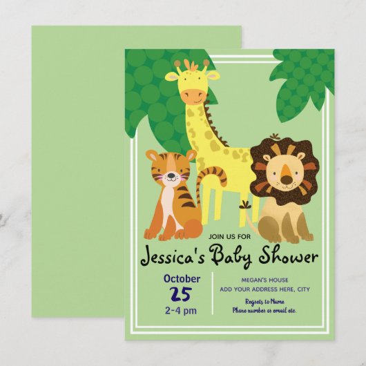 Invitation Baby shower Safari Jungle Animaux (Devant / Derrière)