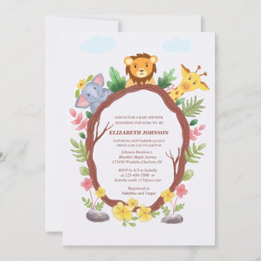 Invitation baby shower safari jungle pour bébés animaux migno (Devant)