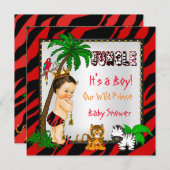 Invitation Baby shower Safari Jungle sauvage Prince Rouge Bru (Devant / Derrière)